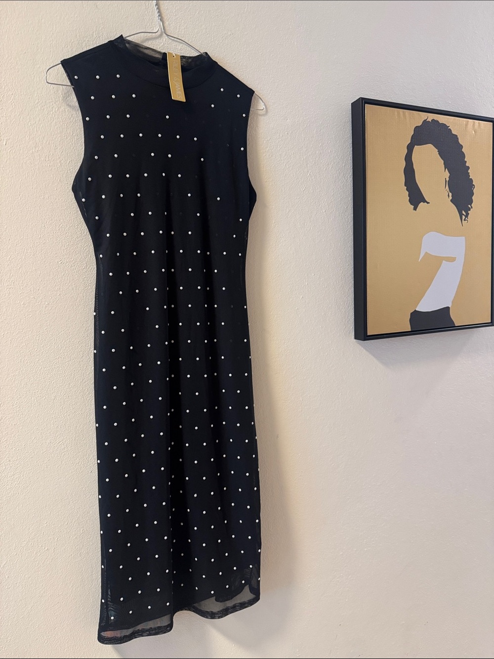 Sleeveless Black Midi Dress with White Dot Accents